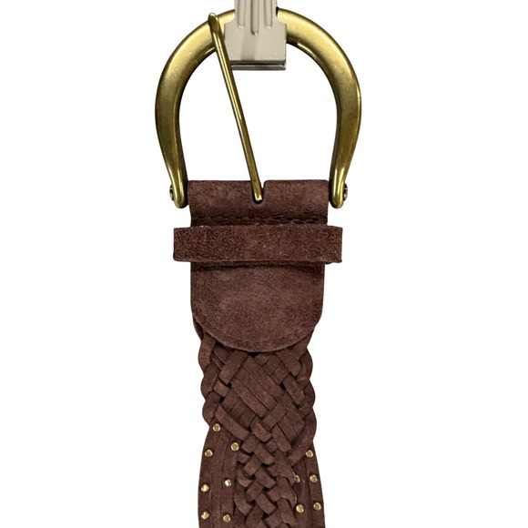 Coldwater Creek Suede Braided Belt Women Brown Brass Buckle Studded Boho Western